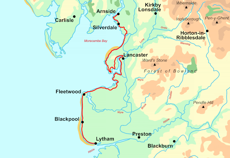 Lancashire Coast Path walking holiday map